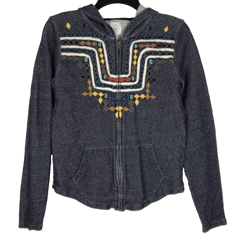 Lucky Lotus Hoodie Full Zip Up Embroidered Navy Cotton Knit Pockets Boho Medium